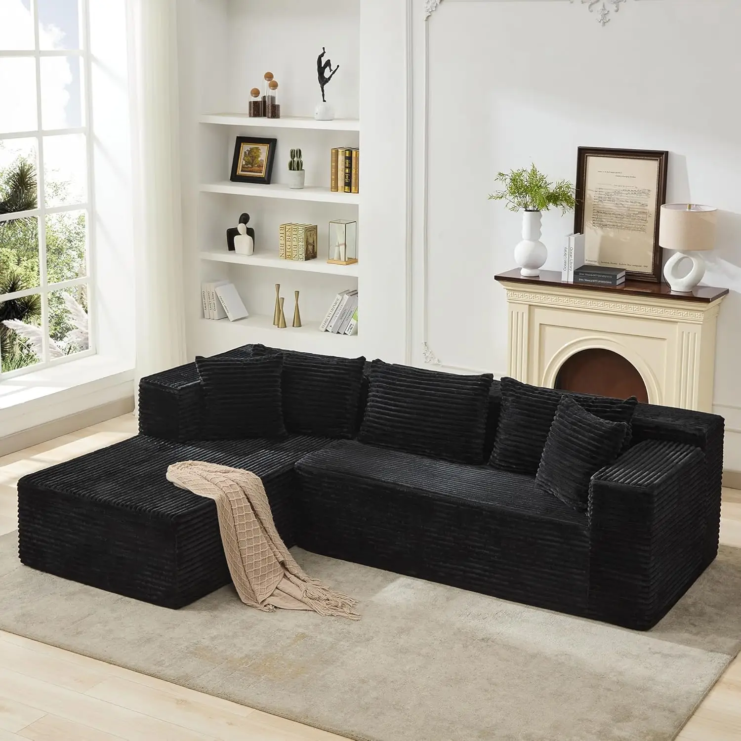 

'Modular Sectional Sofa, 106' Comfy Fluffy L Shaped Black Couch, Oversized Sleeper, Deep Seat, No Assembly, Black'