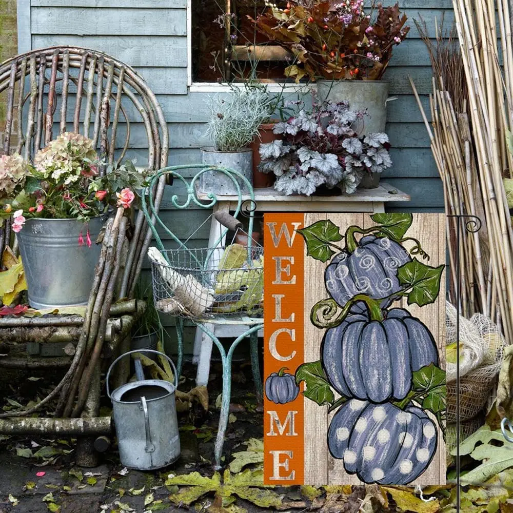 RABUSOFA Fall Welcome Garden Flag 12x18 Inch Double Sided for Outside, Thanksgiving Blue Pumpkins Autumn Outdoor Seasonal Yard F