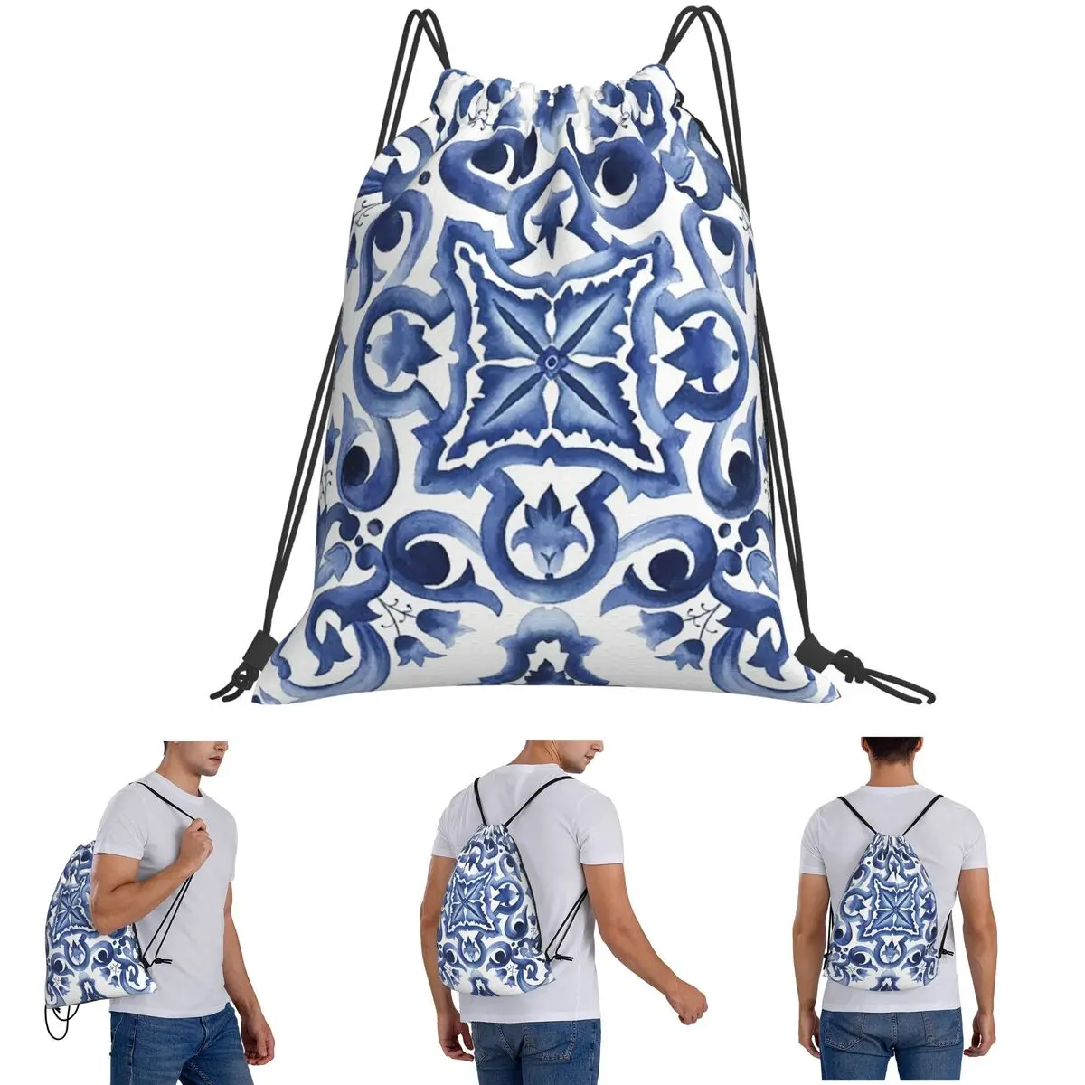 حقائب ظهر من بلاط صقلية البحر الأبيض المتوسط مزخرفة باللون الأزرق، حقائب ظهر عصرية محمولة برباط، حقيبة تخزين، حقائب كتب للسفر