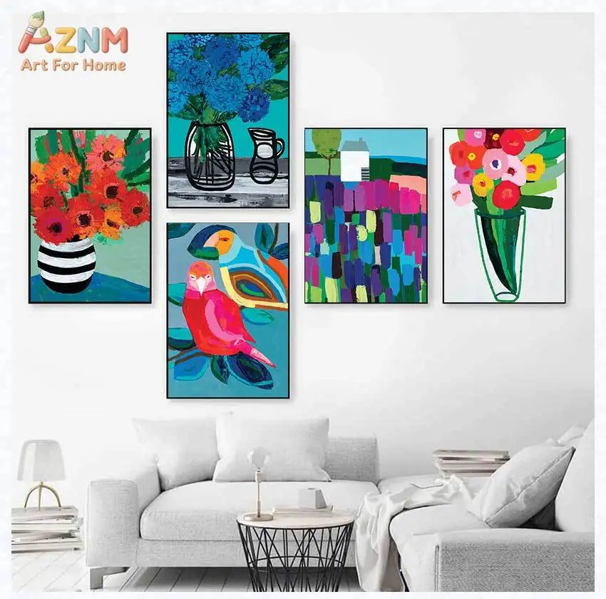AZNM Vibrant Hand Drawn Floral Vase Abstract Art Frameless Canvas Poster Colorful Boho Living Room Interior Wall Art Decor