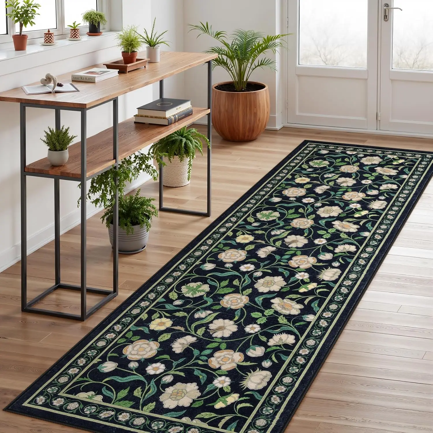 Floral Runners for Hallways,Washable Black Kitchen Runner Rug Non-Slip Rubber Backing, Ultra-Thin Soft Boho Patterned Indoor