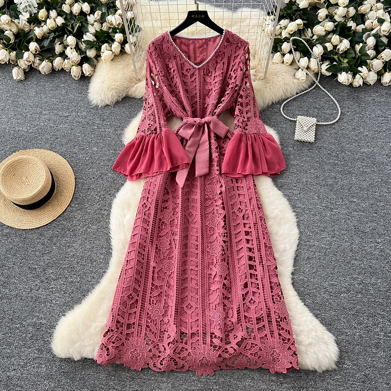 SuperAen Retro Hollowed-OUT โครเชต์ลูกไม้เอว Flared Sleeve Dress Big Swing Elegant Dress