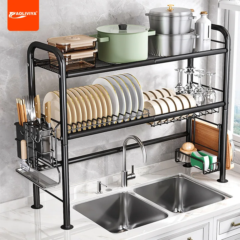 AOLIVIYA Double Layer Black Shelf Carbon Steel Dish Knife Chopsticks Storage Home Kitchen Sink Above Sink Drain Rack