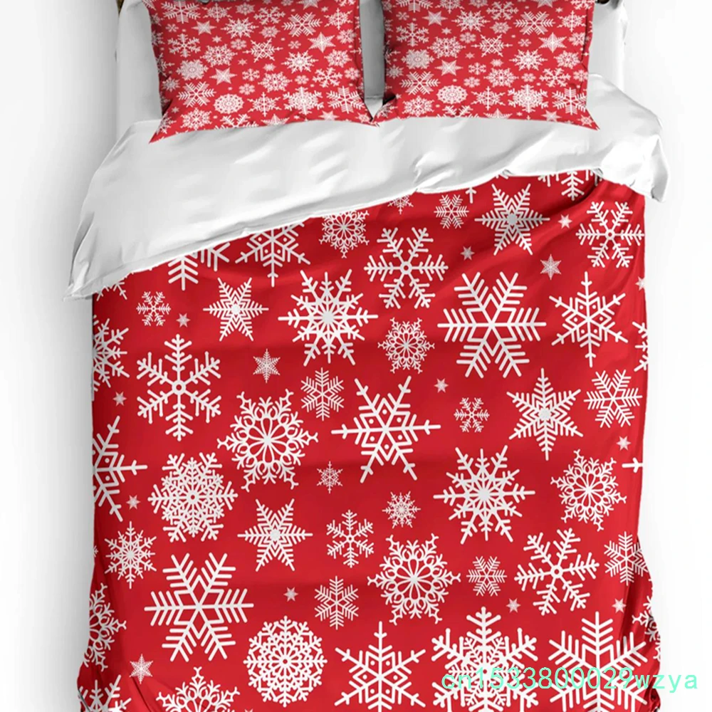 Christmas Snowflakes Red Happy New Year Duvet Cover Bed Bedding Set Home Quilt Cover Pillowcases Bedroom Bedding Set No Sheet