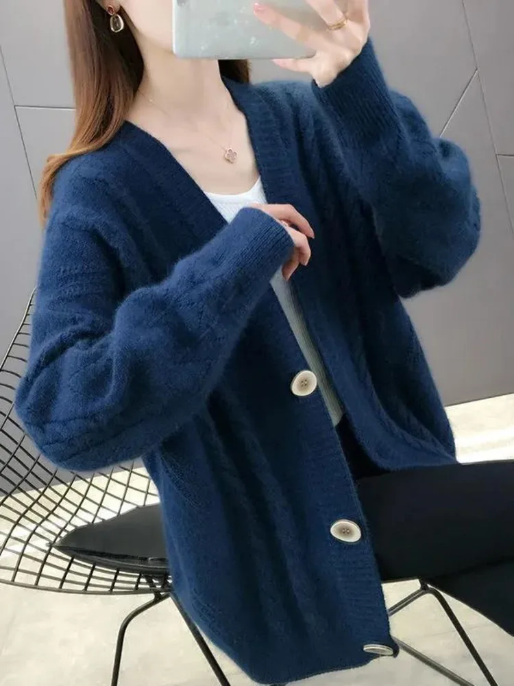 Casual Cardigan Women Simple Solid Elegant Tops V-neck All-match Daily Long Sleeve Clothing Soft Korean Style Sweater