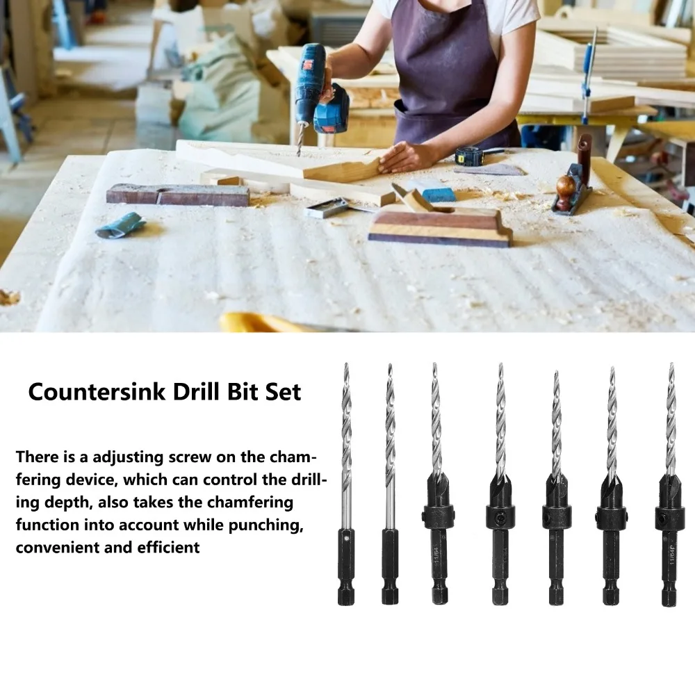 

Набор из 9 конусных сверл-зенкеров с шестигранным хвостовиком 1/4 дюйма, быстросменные, для дерева, с регулируемым ограничителем глубины