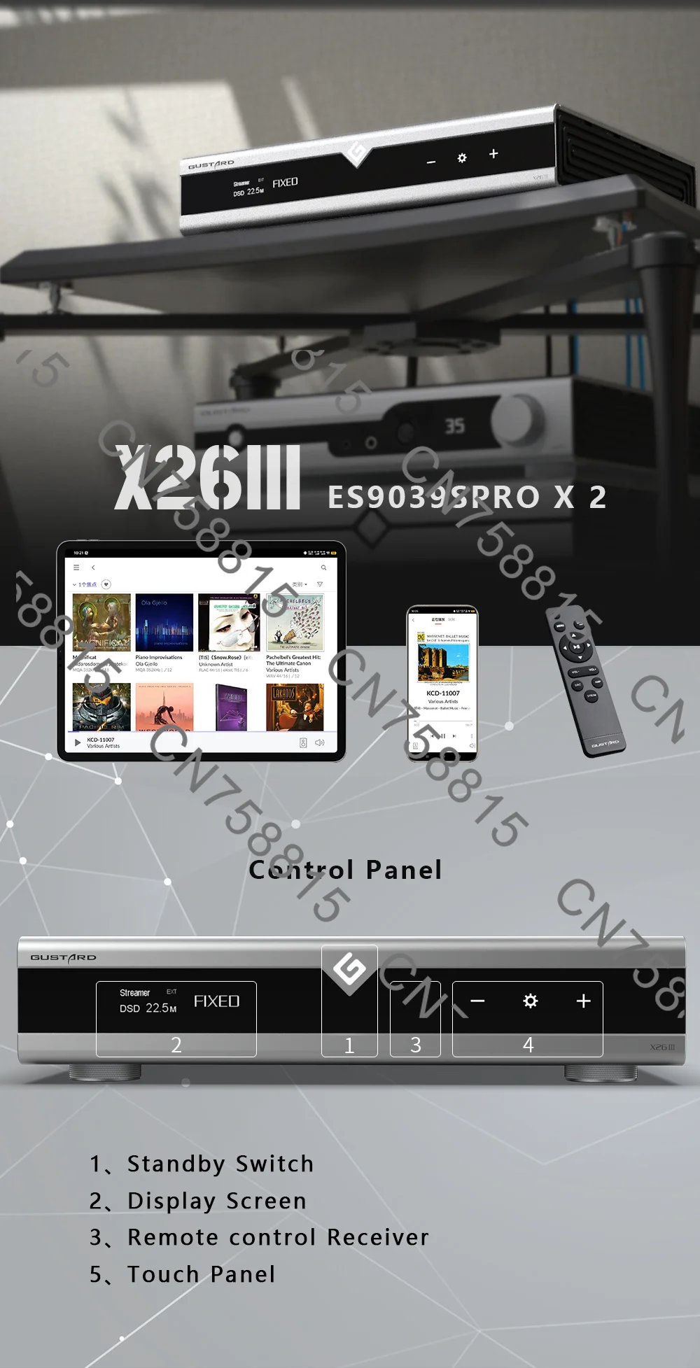 Double ES9039SPRO DSD512 PCM768 MQA With remote control DAC- X26 III，For GUSTARD DAC-X26III DAC Network Streaming Decoder