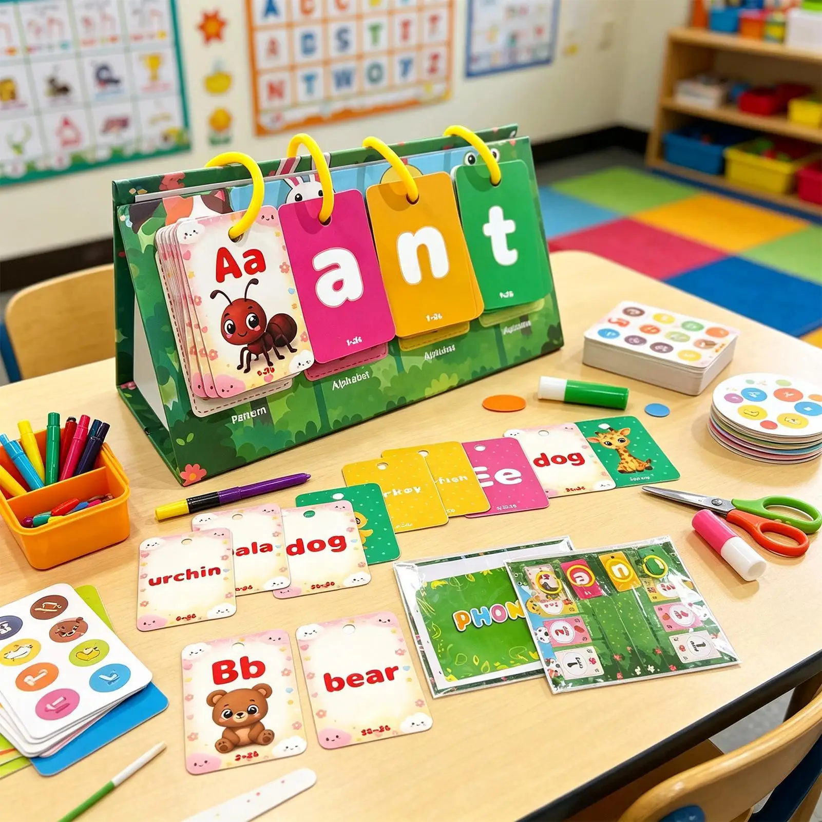 Letter Flash Cards Standing Educational Alphabet Words with Rings Learning Phonics Flash Cards for Children Early Reading