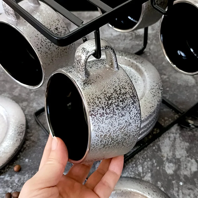 Starry silver moon light luxury ceramic coffee cup creative dark silver high value cup and saucer afternoon tea cup