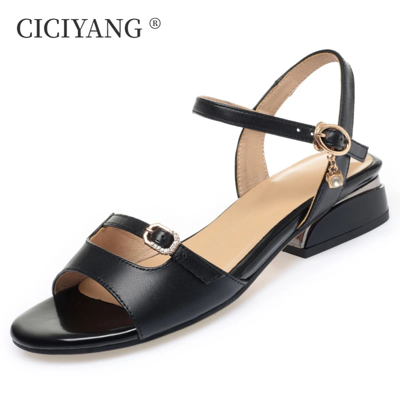 

CICIYANG Summer Sandals Women Genuine Leather 2024 New Low Heel Mom's Shoes Belt Buckle Soft Sole Ladies Sandals Plus Size 42 43