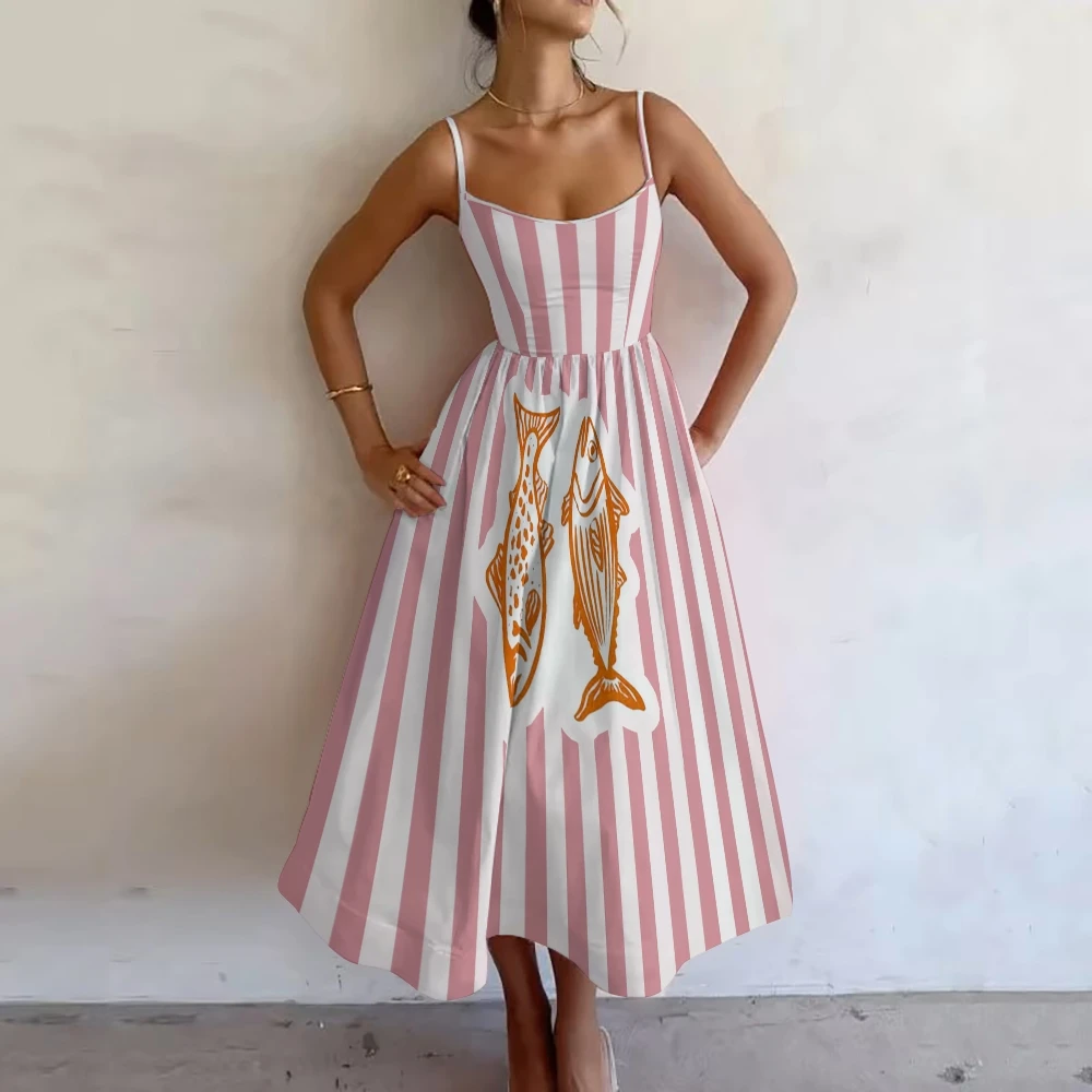 Pink  Sardine Stripe Women'S Casual Longdresse Ocean Fish Print One-Piece Party Costumes Retro Strap Style Summer Longuette