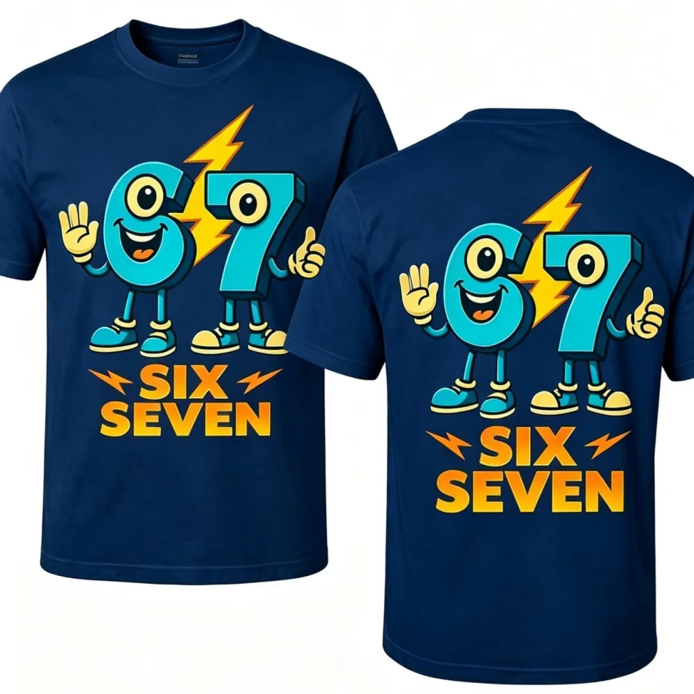 

2026 New adult T-Shirt 67 Cartoon Print Front And Back Casual Short Sleeved Top For Men And Women