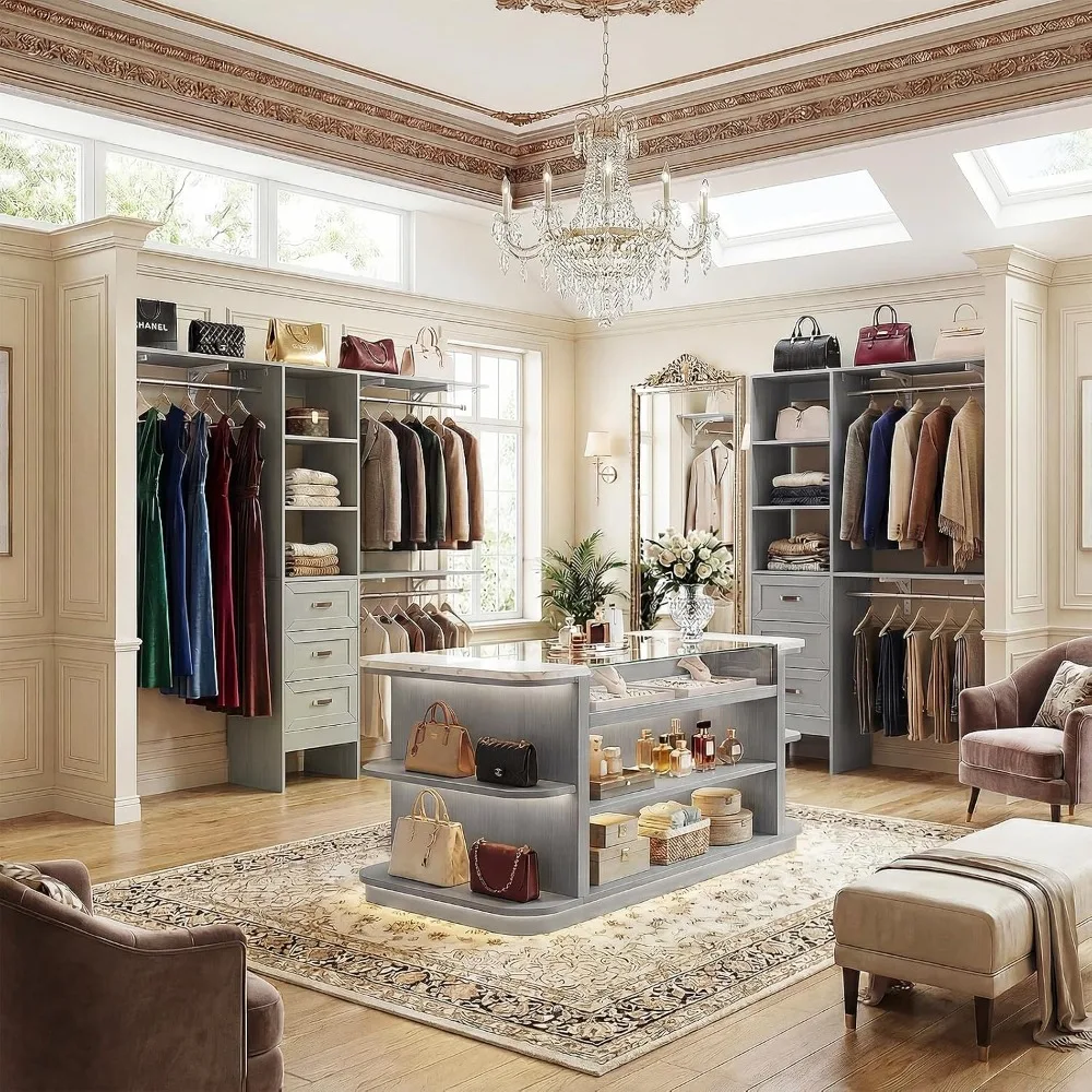 8FT Closet System with 3 Curved Drawers, 96'' Wooden Walk-in Organizer, 3 Shelves, 3 Rods, Grey