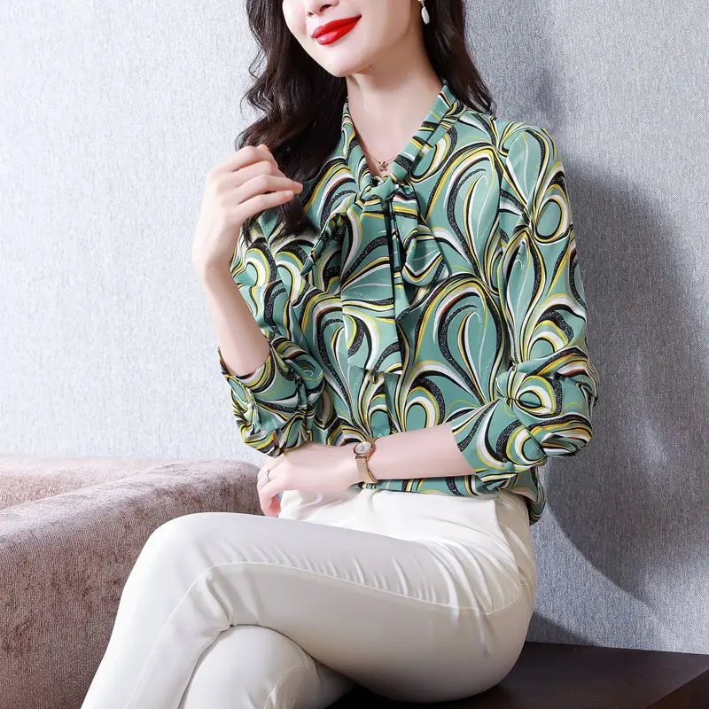 Vintage Elegant Printed Women's Scarf Collar Lace Up Blouse Fashion Korean Button Long Sleeve Shirt Female Clothing Autumn 2022