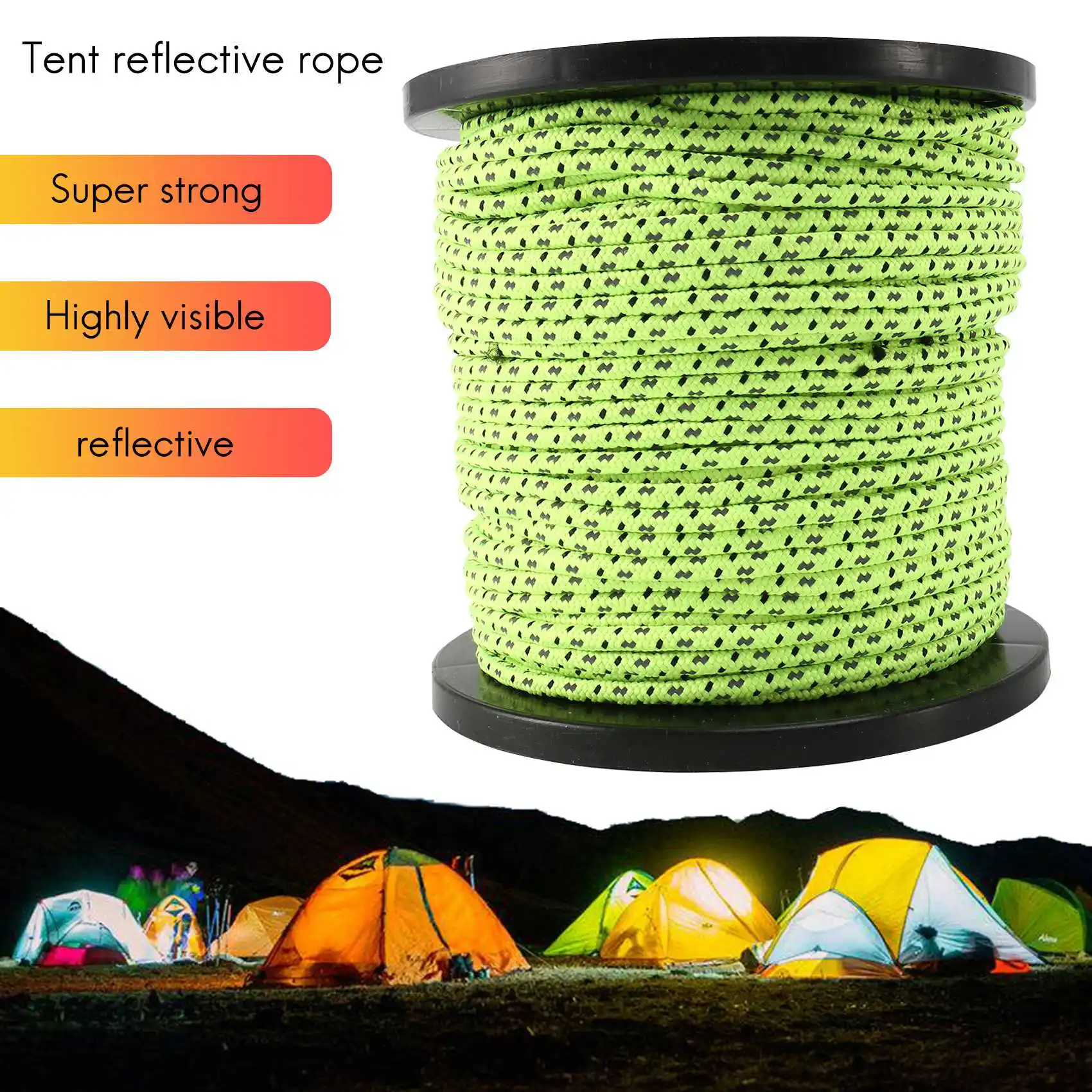 4mm 50m/16.4ft Glow in the Dark Luminous Reflective Tent Rope Guy Line Camping Cord