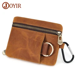 JOYIR Vintage Crazy Horse Leather Coin Purse With Keychain Men Women Mini Short Wallet Card Holder Change Purse Storage Bag