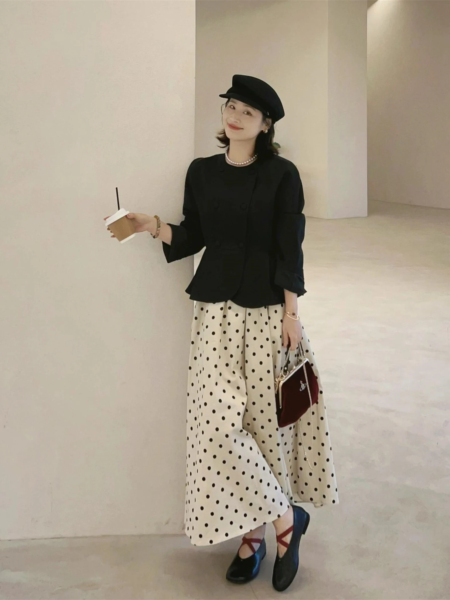 

Elegant Black Long Sleeve Outerwear High Waist Polka Dot Skirt Women's Spring Fashion Set Slimming Waist Design