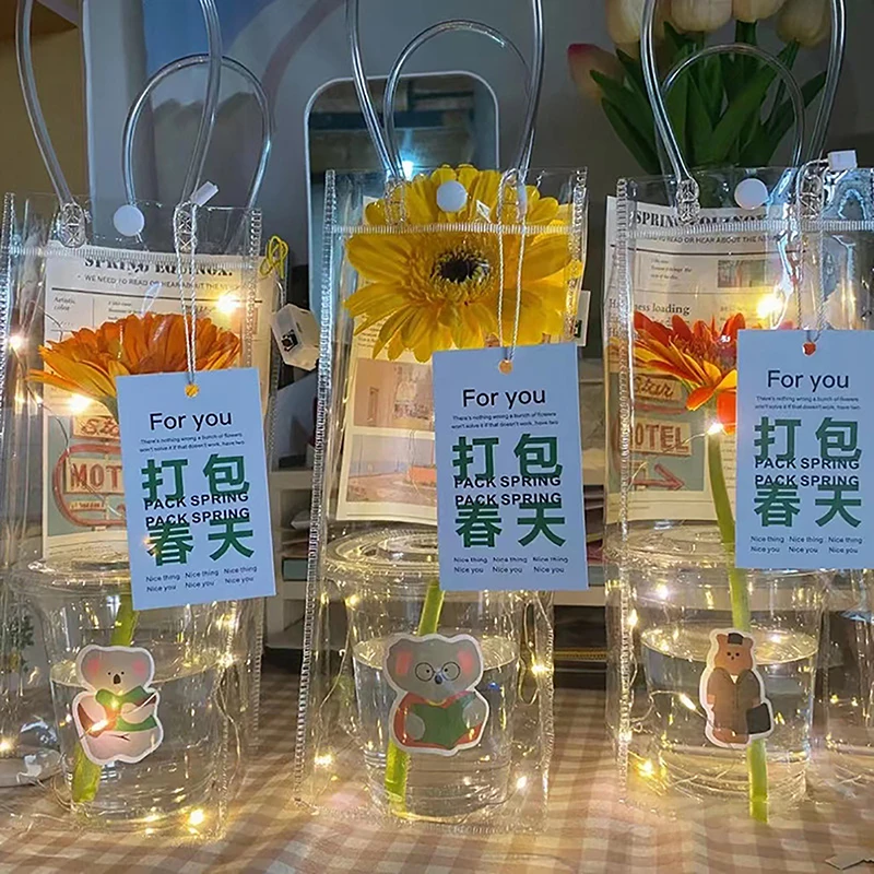 PVC Flower Bag Stall Flower Bag Transparent Tote Bag DIY Simple Cup Flower Single Flower Shop Packaging