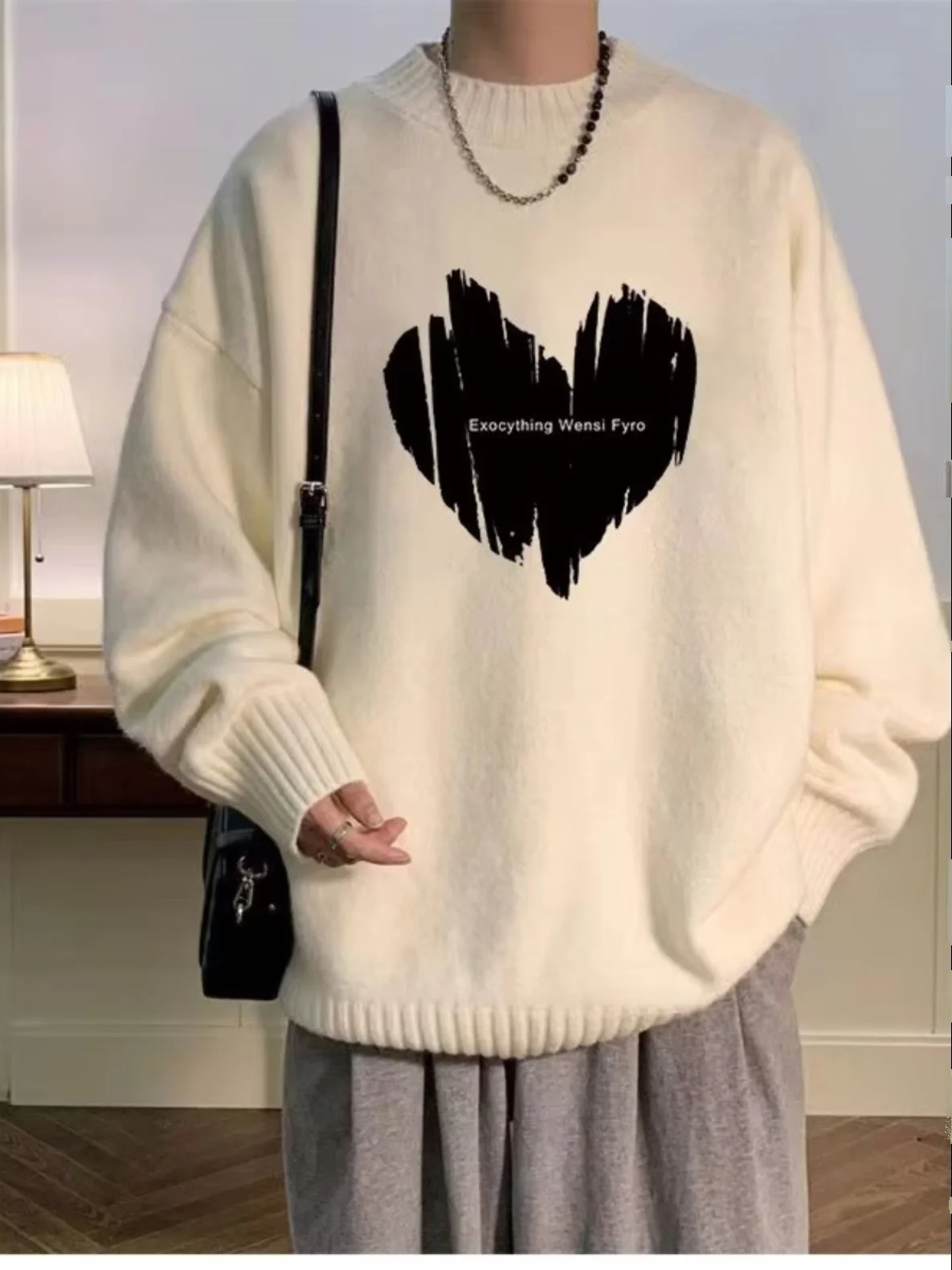 

round Ne Oversized Knitted Sweater Men's Trendy Brand Japanese Lazy Sle Loose Couple Knitwear Autumn Winter Heart fit...