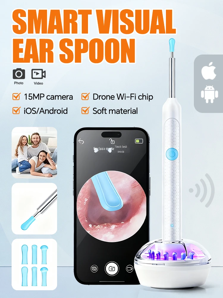 

Беспроводное удаление ушной серы с камерой, перезаряжаемый очиститель ушей, 8-мегапиксельная контрольная камера с ушной ложкой, набор для очистки каналов