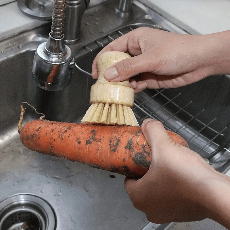 Bamboo Dish Scrub Brush Soap Dish Kitchen Wooden Dish Scrubber Cleaning Brush for Washing Dish Cast Iron Pan Pot