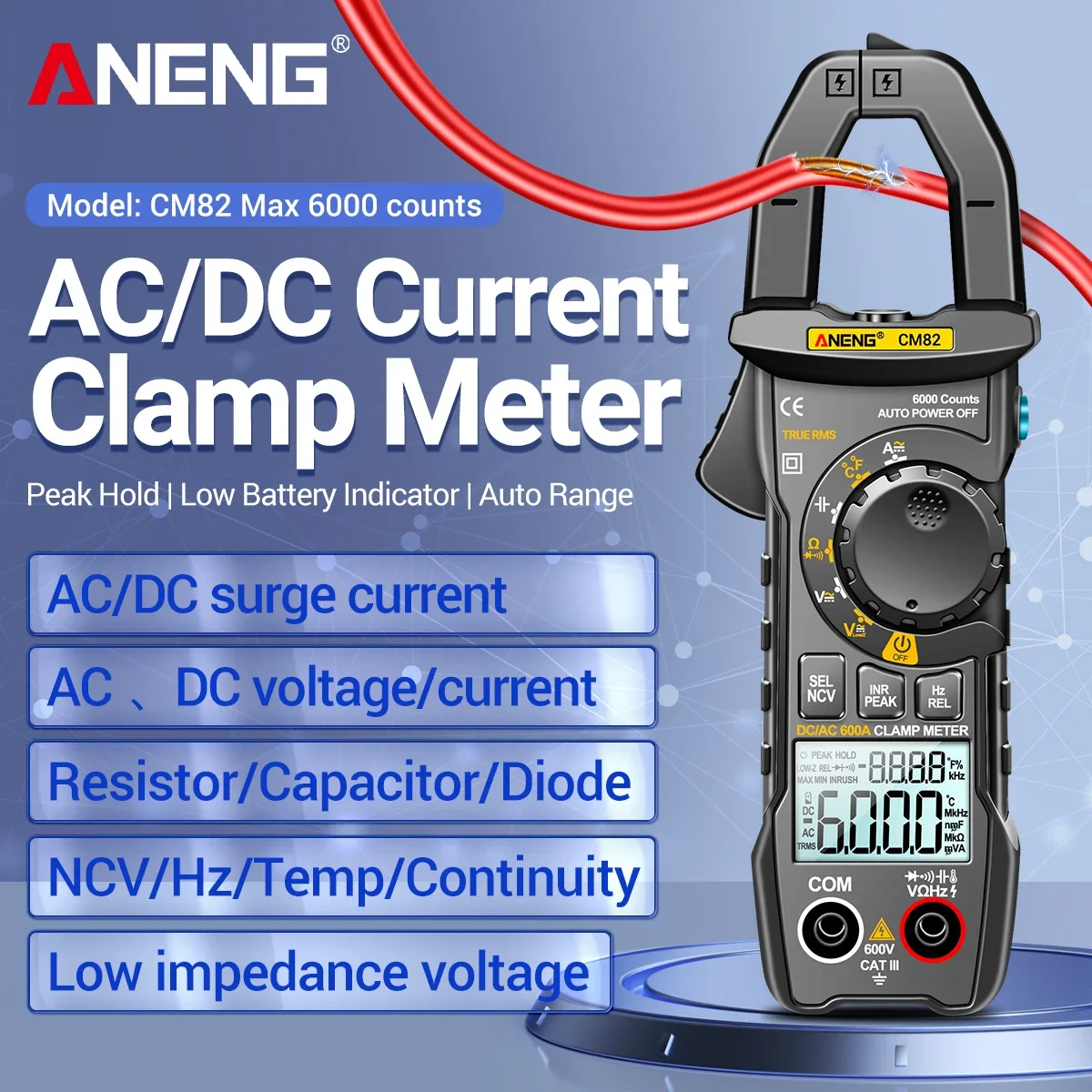 

ANENG CM82 Clamp Gauge True Effective Value 600A AC/DC 600V AC/DC Voltage NCV Electrician's Special Meter for Electrical Testing