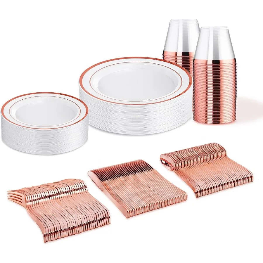 

150 PCS Rose Gold Disposable Dinnerware Set for 25 Guests Includes 25 Dinner Plates Salad Plates Cups Forks Knives and Spoons E