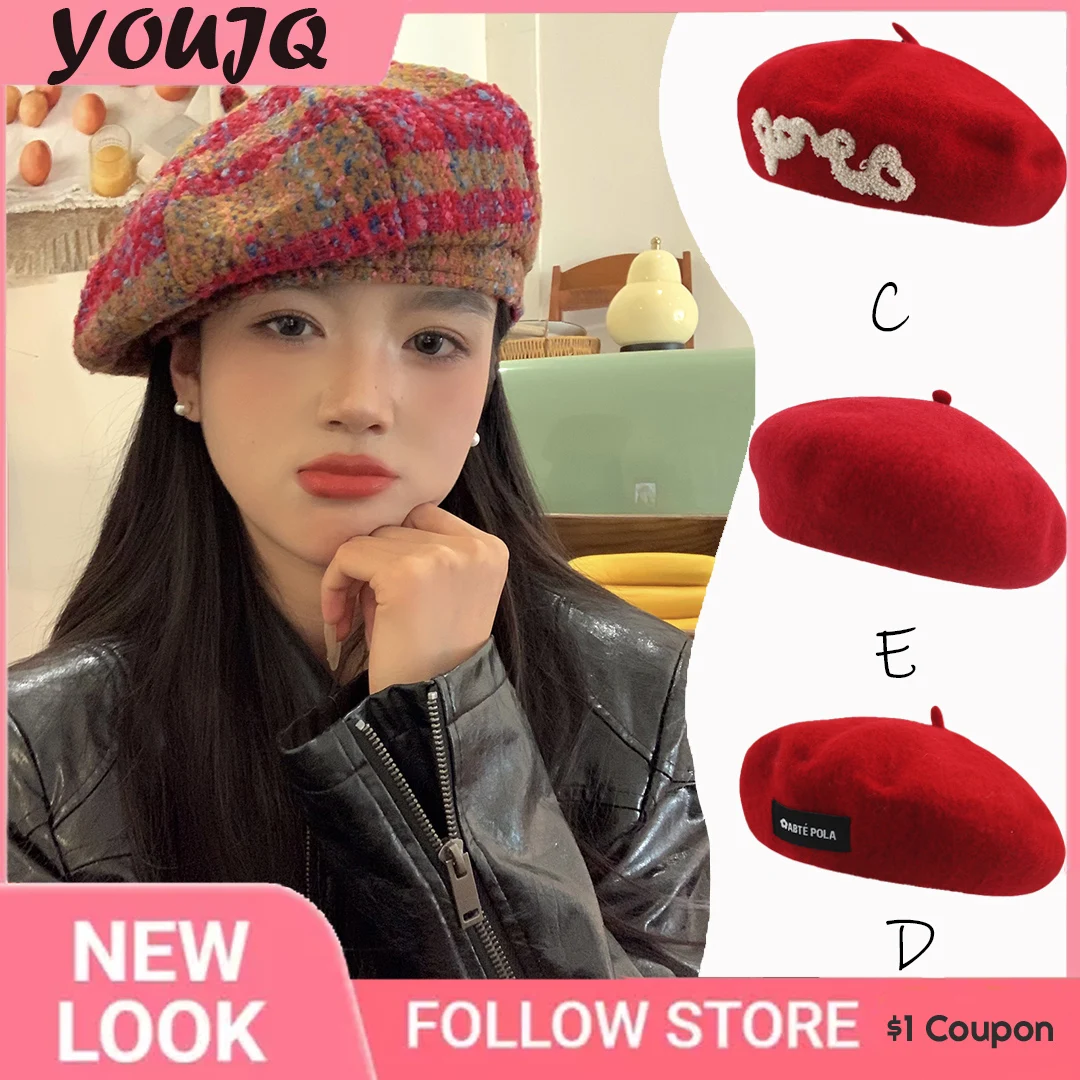 

New Year's Red Berets Classic Retro Premium Woolen Painter for Women Girl Autumn Winter Decorated Hats Cute Christmas Cap Boinas