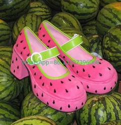 Lady Watermelon color Platform Mary Janes chunky heel buckle strap pumps suede pink green elegant shoes sizefootwear size 35-46