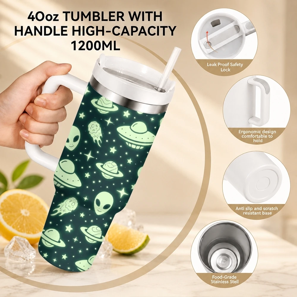 Alien Halloween Vacuum Flasks 40oz Stainless Steel Travel Tumbler with Handle Straw Lid Double Wall Vacuum Insulated