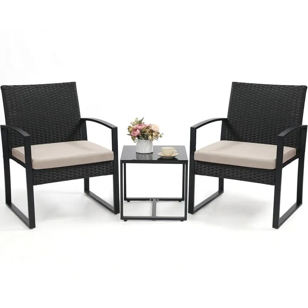 

Piece Wicker Patio Bistro Set, Rattan Conversation Set with Coffee Table, for Balcony, Porch, Garden, Yard, Poolside, Black Fra