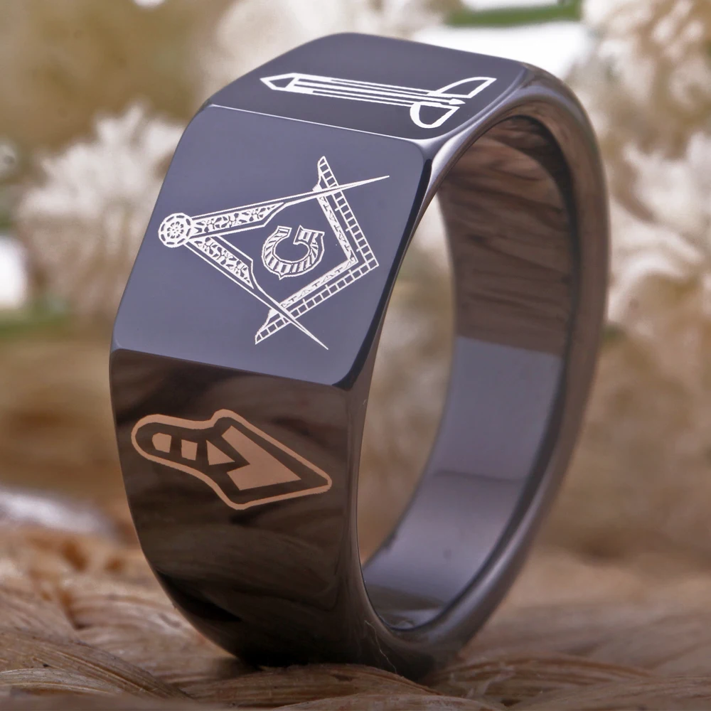 12mm Classic Style Masonic Tungsten Carbide Rings Vacuum Plating Black Rings Laser Freemasonry Sign Tungsten Ring