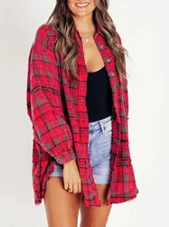 Plaid Shirts Women Classical Red Blouses Long Sleeve Tops Lady Cotton Checked Woolen Lantern Sleeve Loose Button Plaid Shirt