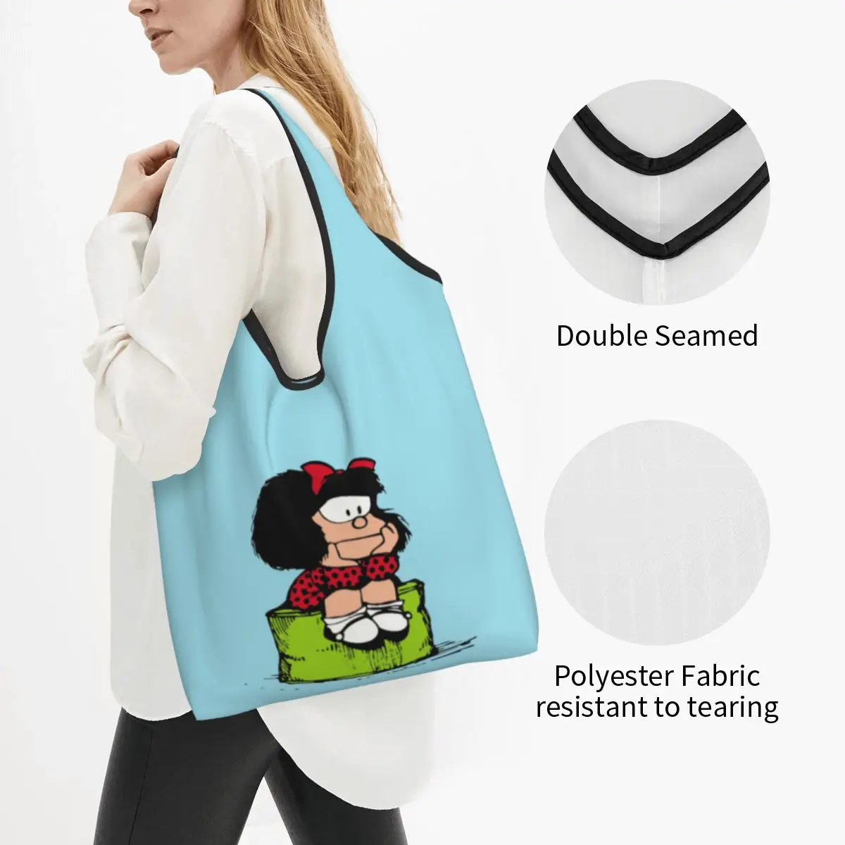 Custom Cute Mafalda Sad Thinking Shopping Tote Bags Portable Classic Quino Manga Grocery Shopper Shoulder Bag