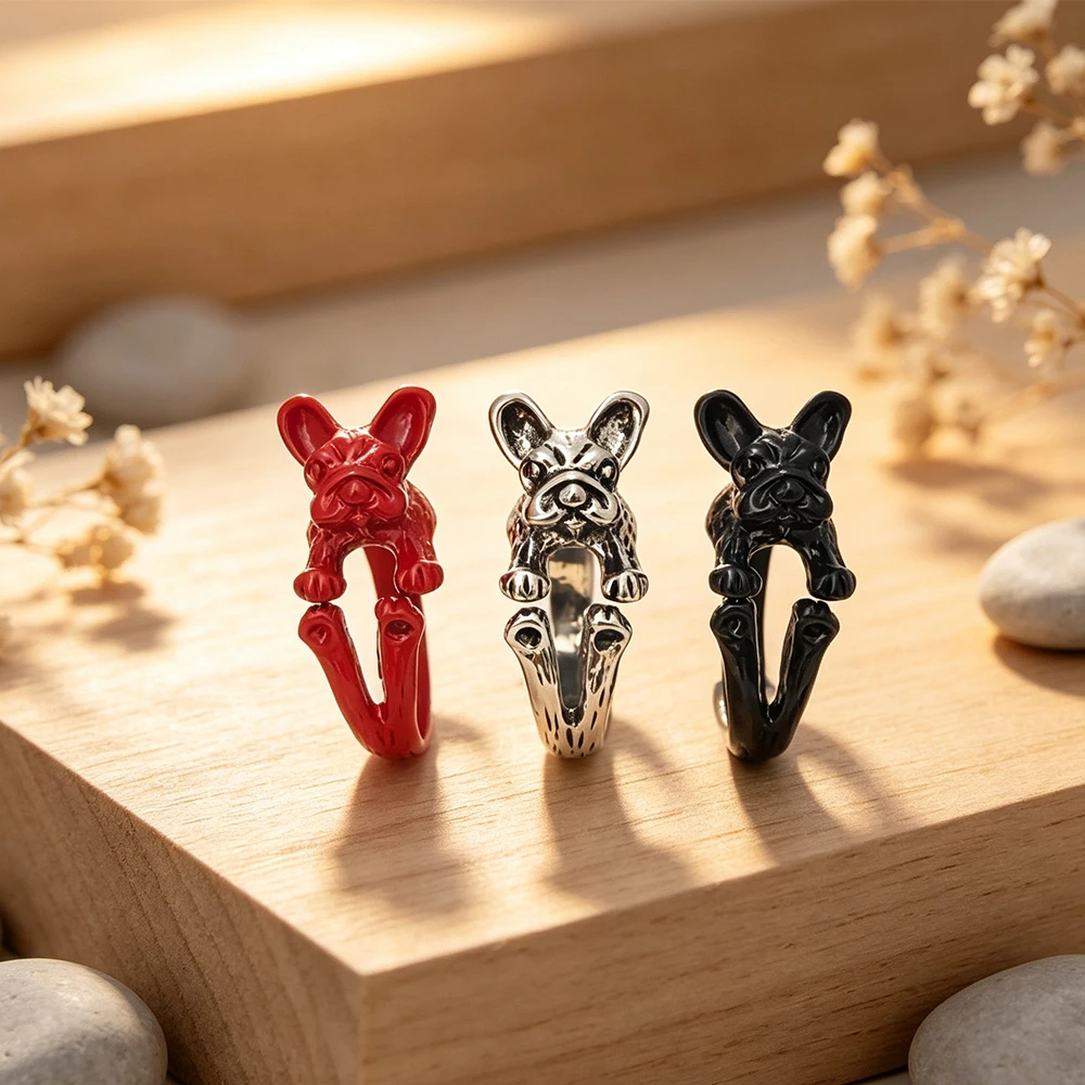 3D French Bulldog Puppy Open Ring Three-Piece Set Red Black Antique Silver Three-Color Adjustable Unisex Decorative Ring Set