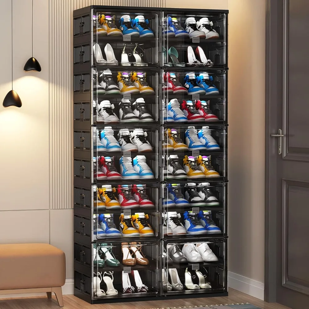 

10 Tiers 40 Pairs Large Plastic Shoe Storage Organizer Cabinet for Entryway, Hard Stackable Collapsible Shoe Box Organizer