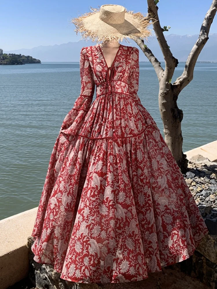 High-End Temperament Ethnic Style Red Printed Dress French Slim Waist  Women's Summer Long Dresses 2025 New Female Clothing
