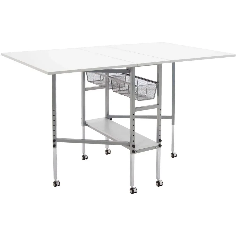 

Hobby and Cutting Table - 58.75" W x 36.5" D White Arts and Crafts Table with 2 Mesh Storage Drawers, Silver/White