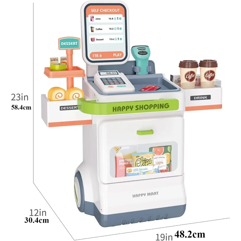 Cash Register Toy with Calculator Scanners Pretend Play Cash Food Mobile Shop Cart Cleaning Cart Christmas Gift for Boys & Girls