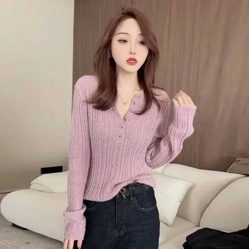 Round Neck Sweater for Women Fashion Trendy Button Pullover Solid Color Sweater Fashion Top