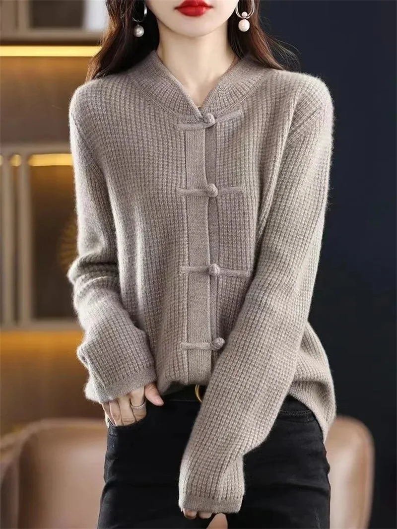 Knitted Sweater Cardigan Women\'s 2023 New Autumn/winter Stand Collar Retro Buckle Loose Fitting National Style Sweater Jacket To