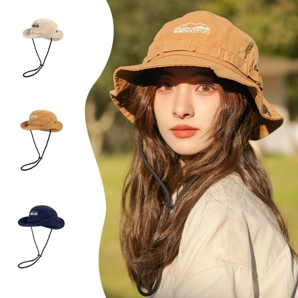 Fashion Mountain Range Embroidery Fisherman Hat Solid Color Sun Protection Travel Hat Unisex Sunscreen Hats Outdoor