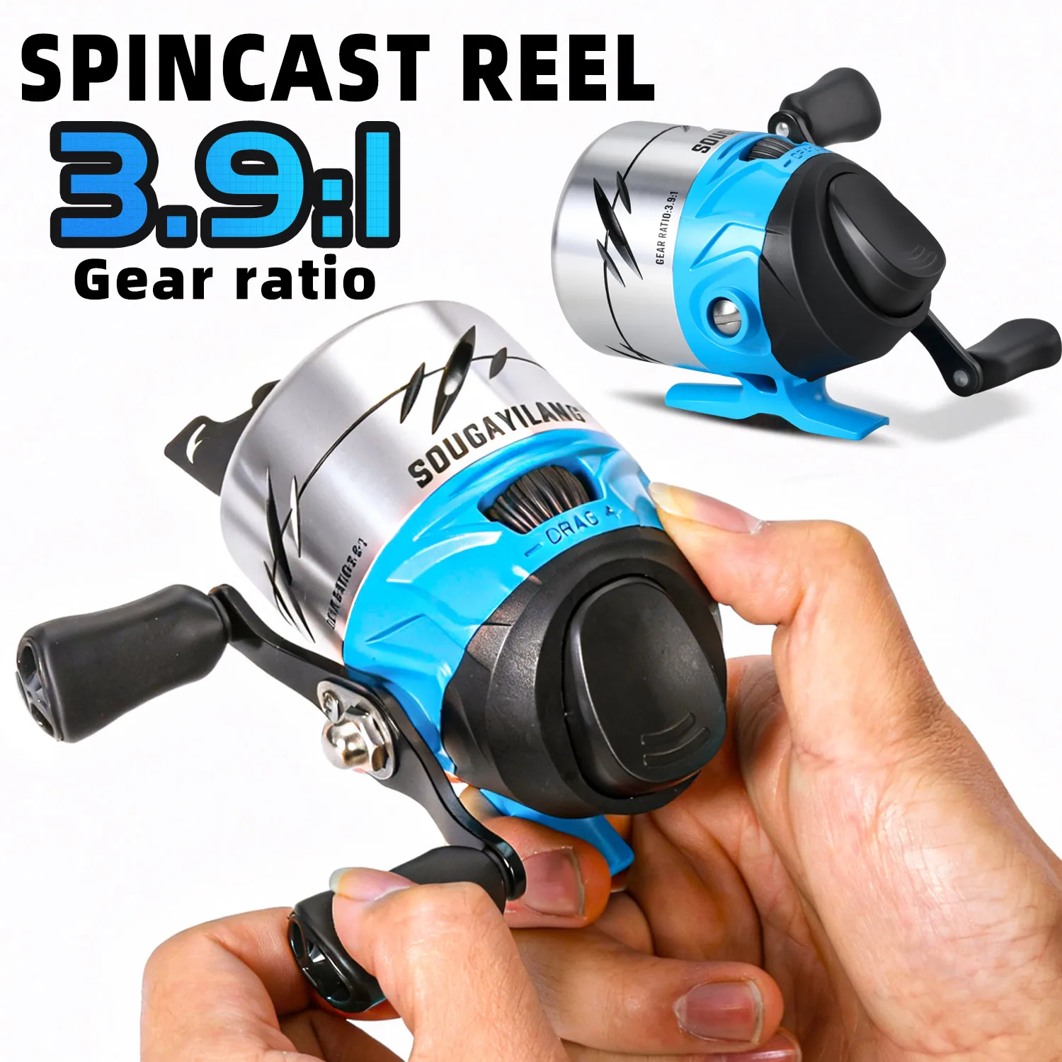 Carretilha de Pesca Sougayilang Spincast com Relação de Engrenagem 3.9:1, Carretel de Metal, Linha de Nylon Pré-Enrolada, Manivela Intercambiável Direita/Esquerda para Pesca