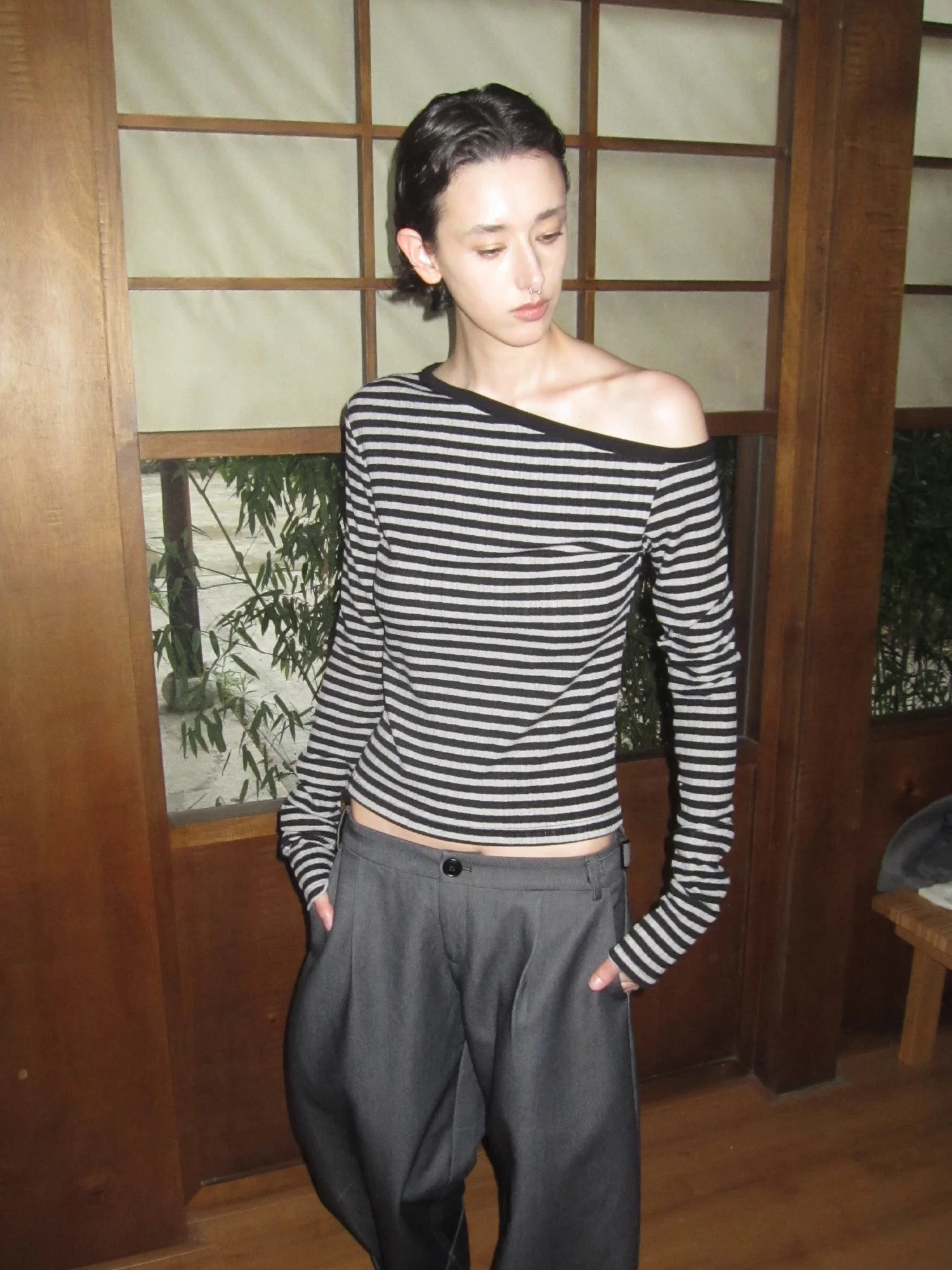 

Andnever E Knitted Stripe Asymmetrical Long Sve oulder Bared Neline Slim Fit Women's T irt Casual Commute Sle Cotton