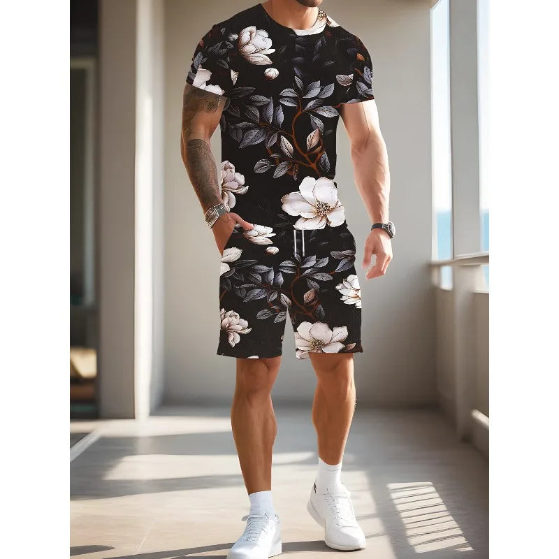 2025年夏の必須アイテム、クリエイティブなレトロ3Dデジタルプリントメンズ半袖ショートパンツセット、最新のファッショントレンド、カジュアルTシャツ