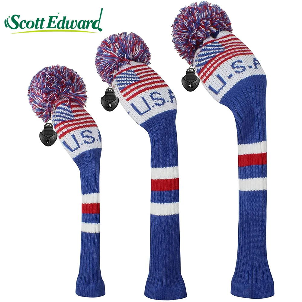 USA Golf Club Wood Headcover Driver Fairway Hybrid Knitted Cover With Number Protector Golf Accessories