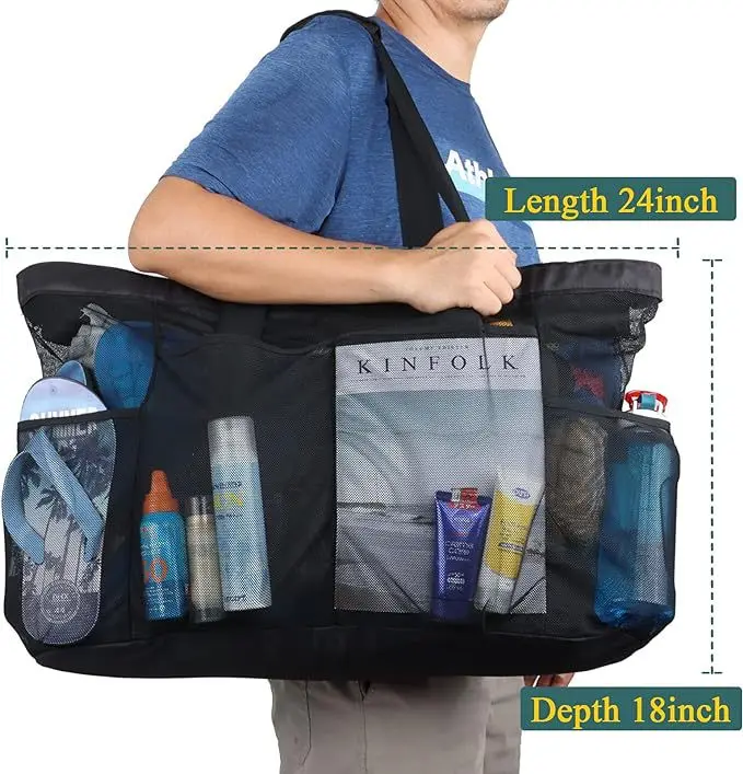 Extra Large Mesh Beach Bag Family Beach Tote with Pockets Lightweight Sand Filtering Pool Bag for Travel Swimming Vacation
