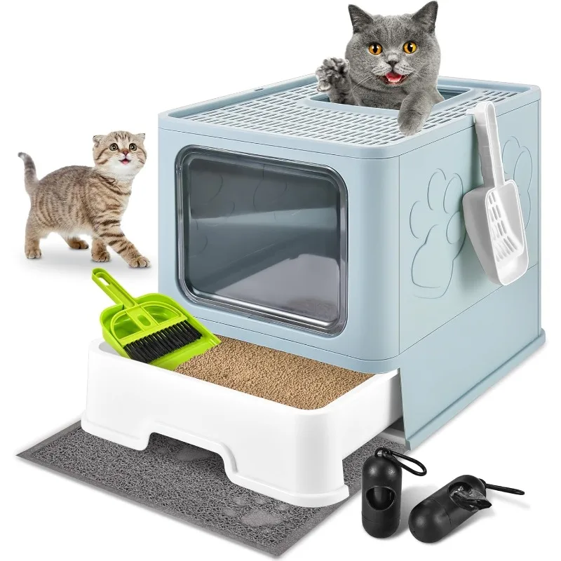 Cat Litter Box with Litter Mat and Scoop,Large Foldable Litter Box with Lids,Free In& Out Covered Kitty Box,Enclosed Box,