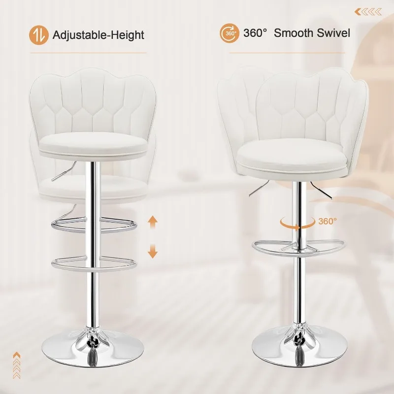 Bar Stools Set of 2, Adjustable Barstools with Back, Velvet Armless Counter Height Stool Kitchen Island Stool Swivel Bar Stools
