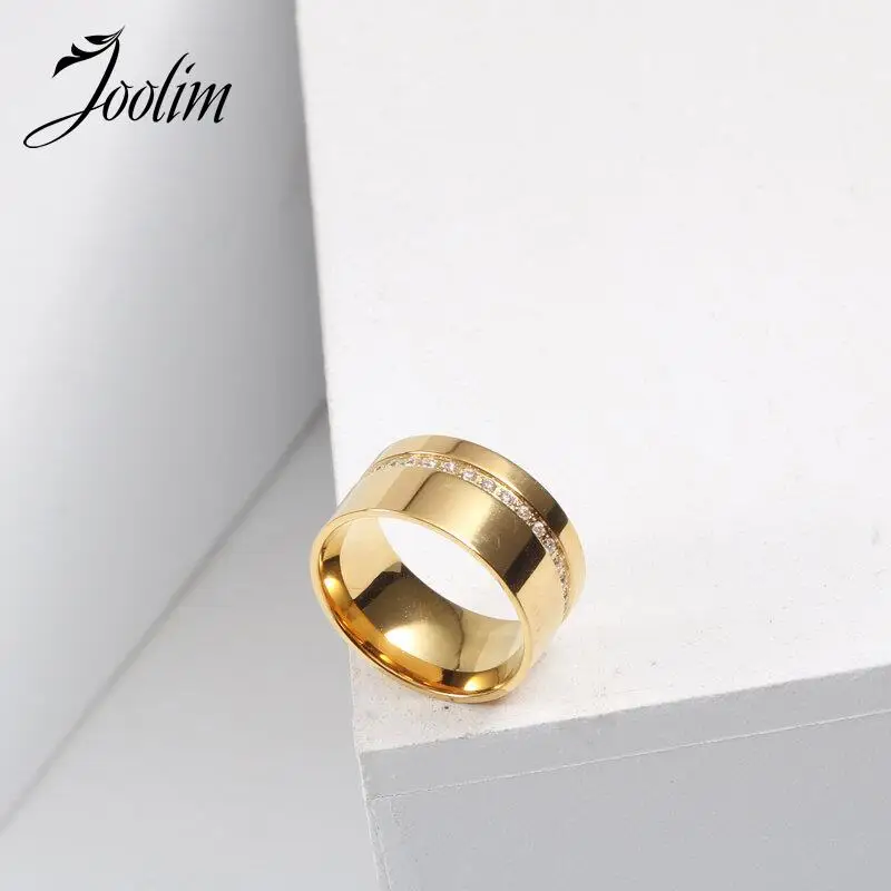 Joolim Jewelry High End PVD Wholesale Fashion Waterproof Thin Zircon Pave Wide Band Stainless Steel Ring For Women